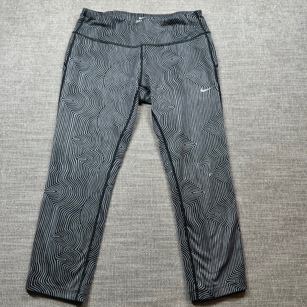 Nike Dri-FIT Leggings Womens Medium Black Grey Wave Print Cropped Good Running